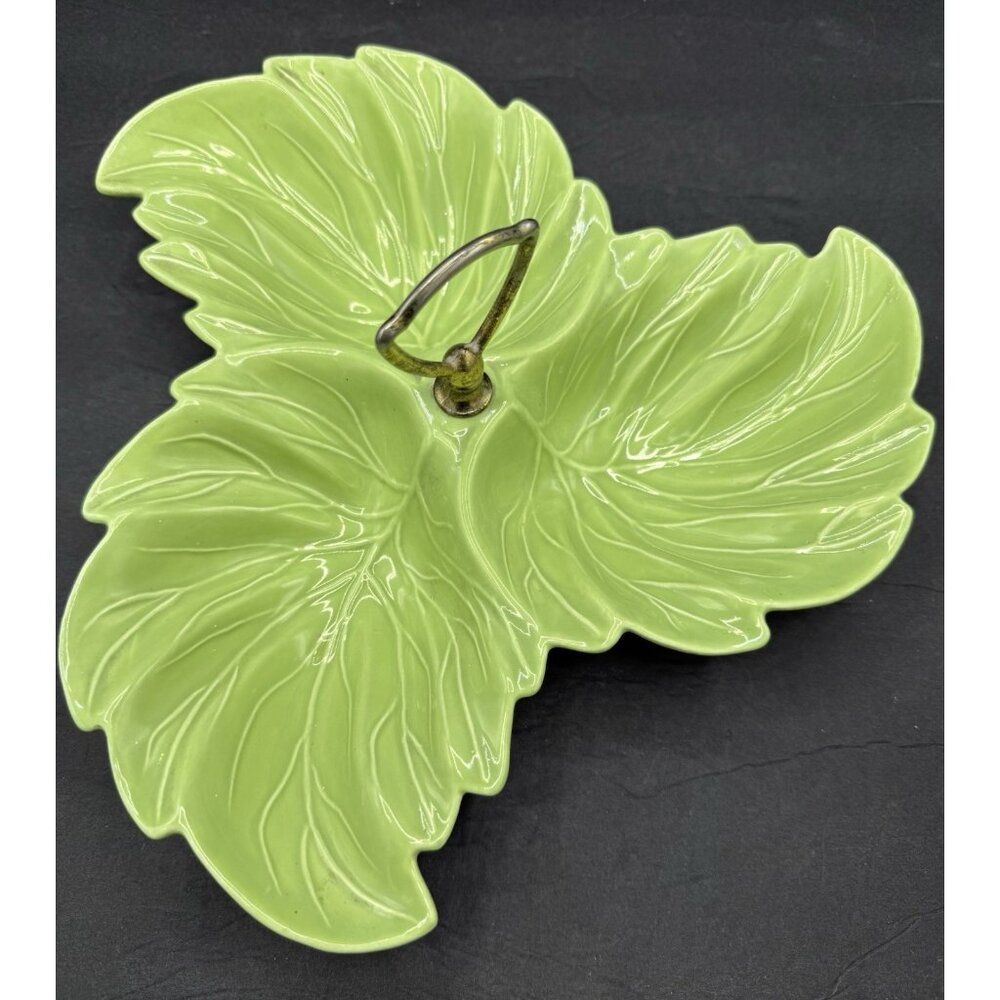 Vintage California USA Pottery Green Triple Leaf Divided Platter Ring Handle MCM